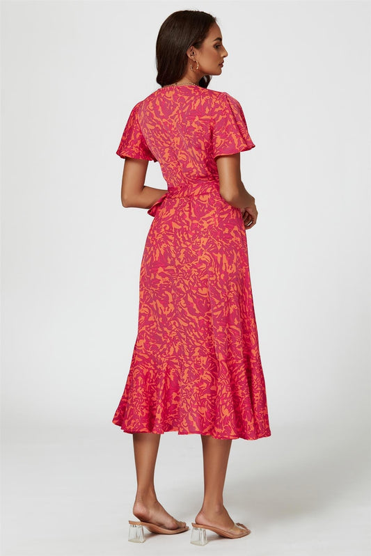 Abstract Print Midi Wrap Dress In Fuchsia - AXON