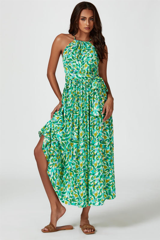 Abstract Print Tie Halterneck Maxi Dress In Green - AXON