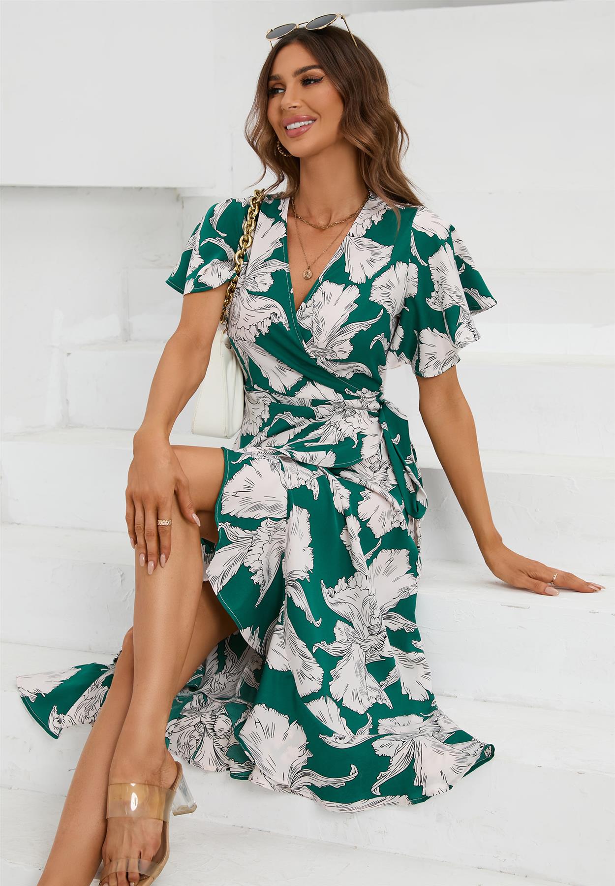 Angel Sleeve Wrap Midi Dress In Green - AXON