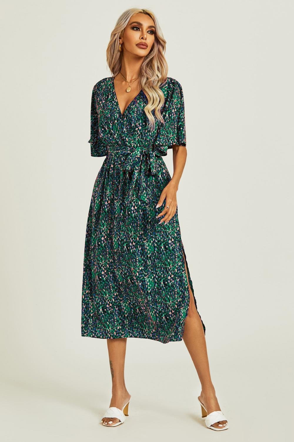 Angel Sleeve Wrap Top Midi Dress In Green - AXON