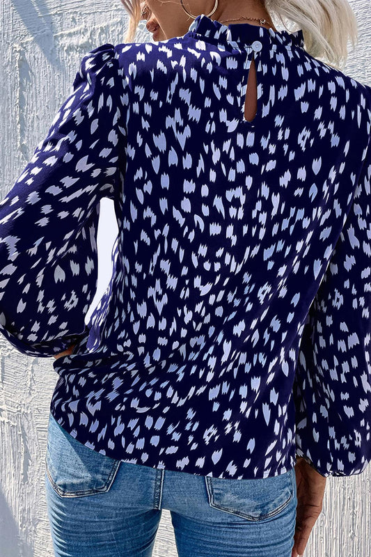 Animal Print Frill Detail High Neck Top In Navy - AXON