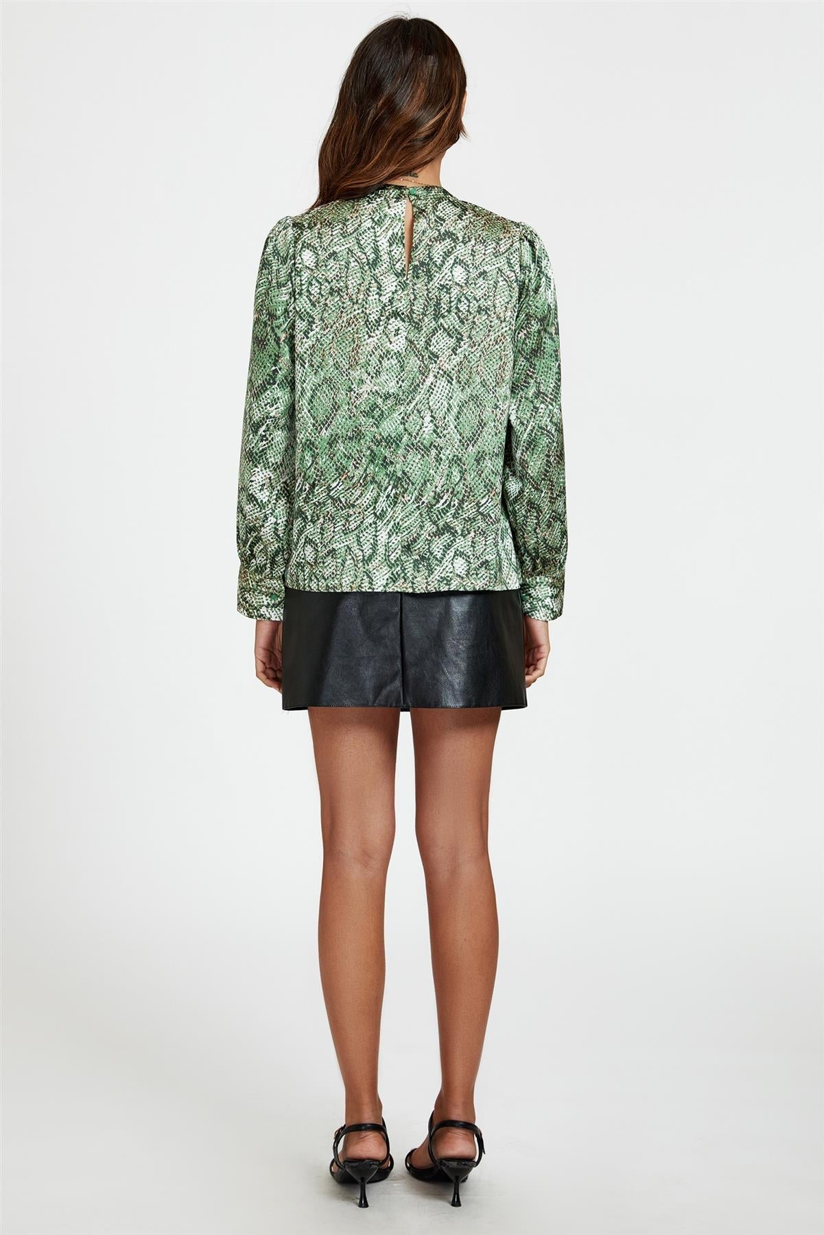 Animal Print Satin Long Sleeve High Neck Top In Green - AXON