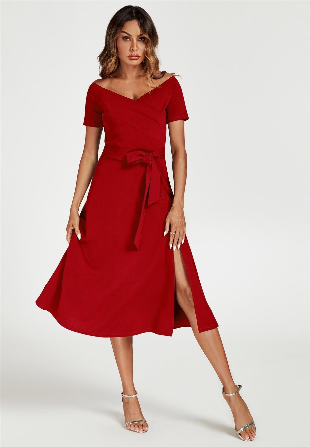 Bardot Midi Dress In Red - AXON