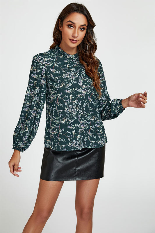 Bird & Floral Print Frill Detail High Neck Top In Green - AXON
