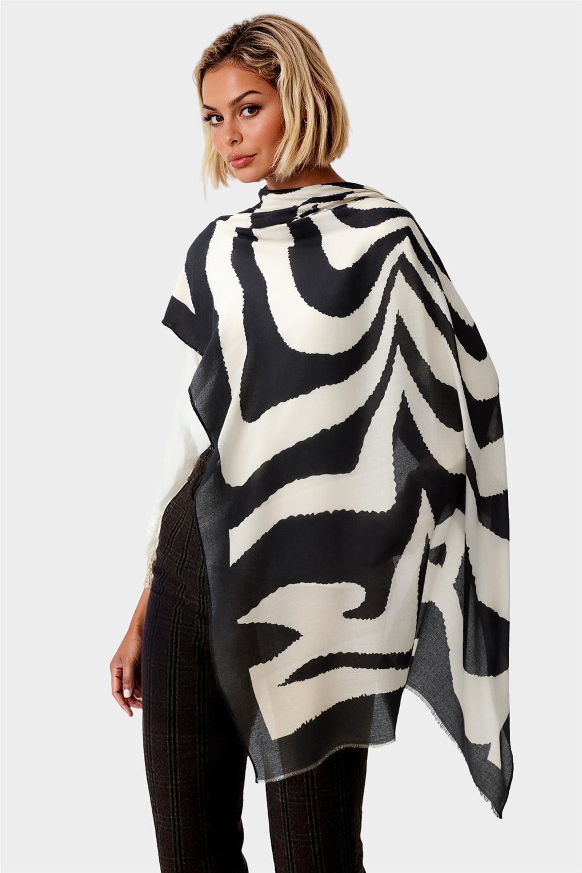 Black Abstract Print Fringed edges Scarf In Beige - AXON