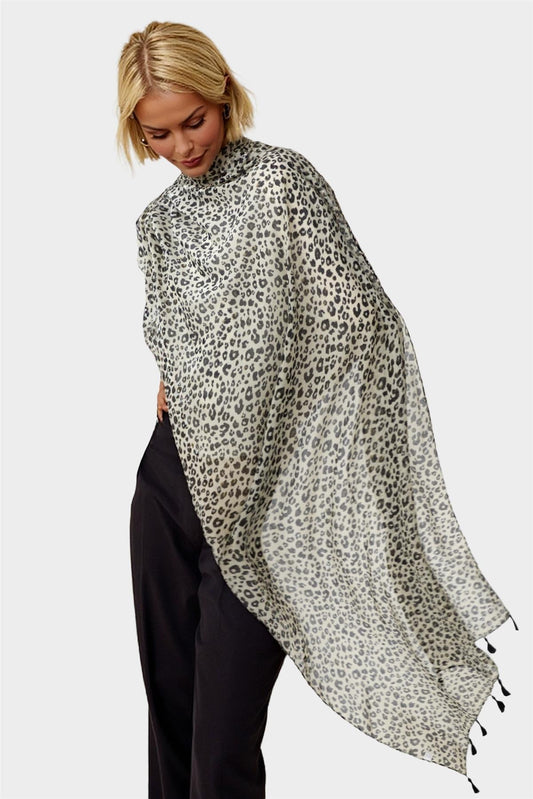 Black Leopard Print Tassel Scarf In White - AXON
