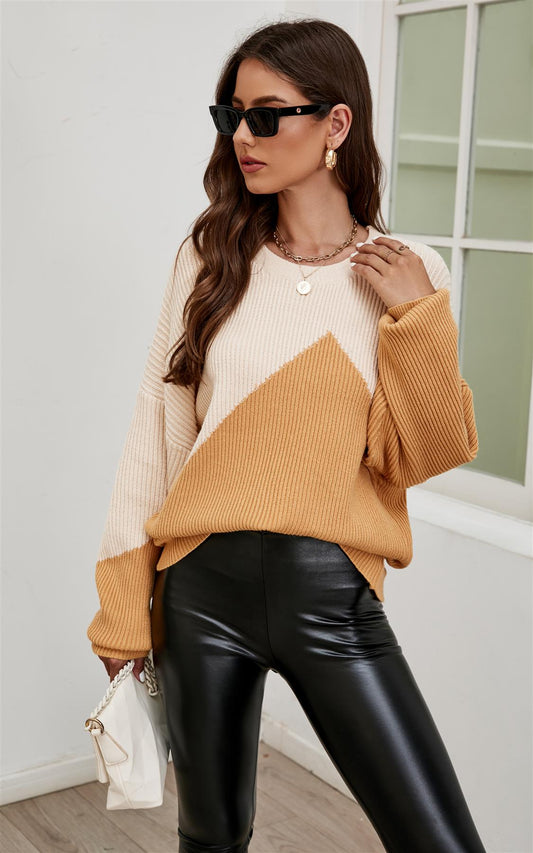Block Colour Relaxed Knit Jumper Top In Beige & Camel - AXON