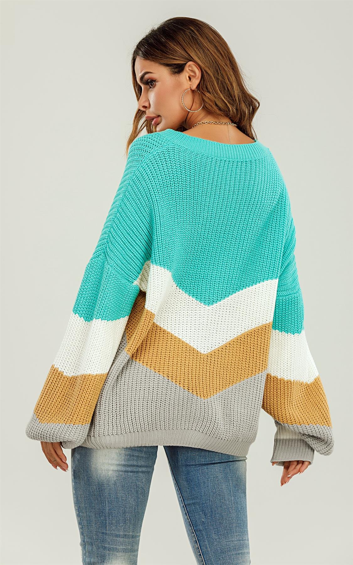 Blue & Grey Colour Block Jumper White & Golden Striped Long Sleeve Top - AXON