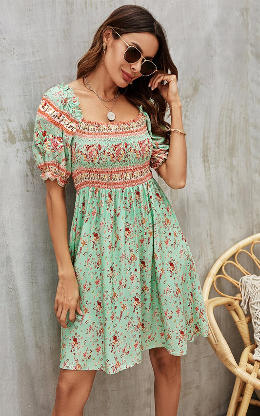 Boho Mini Dress With Pink Floral Print In Mint Green - AXON
