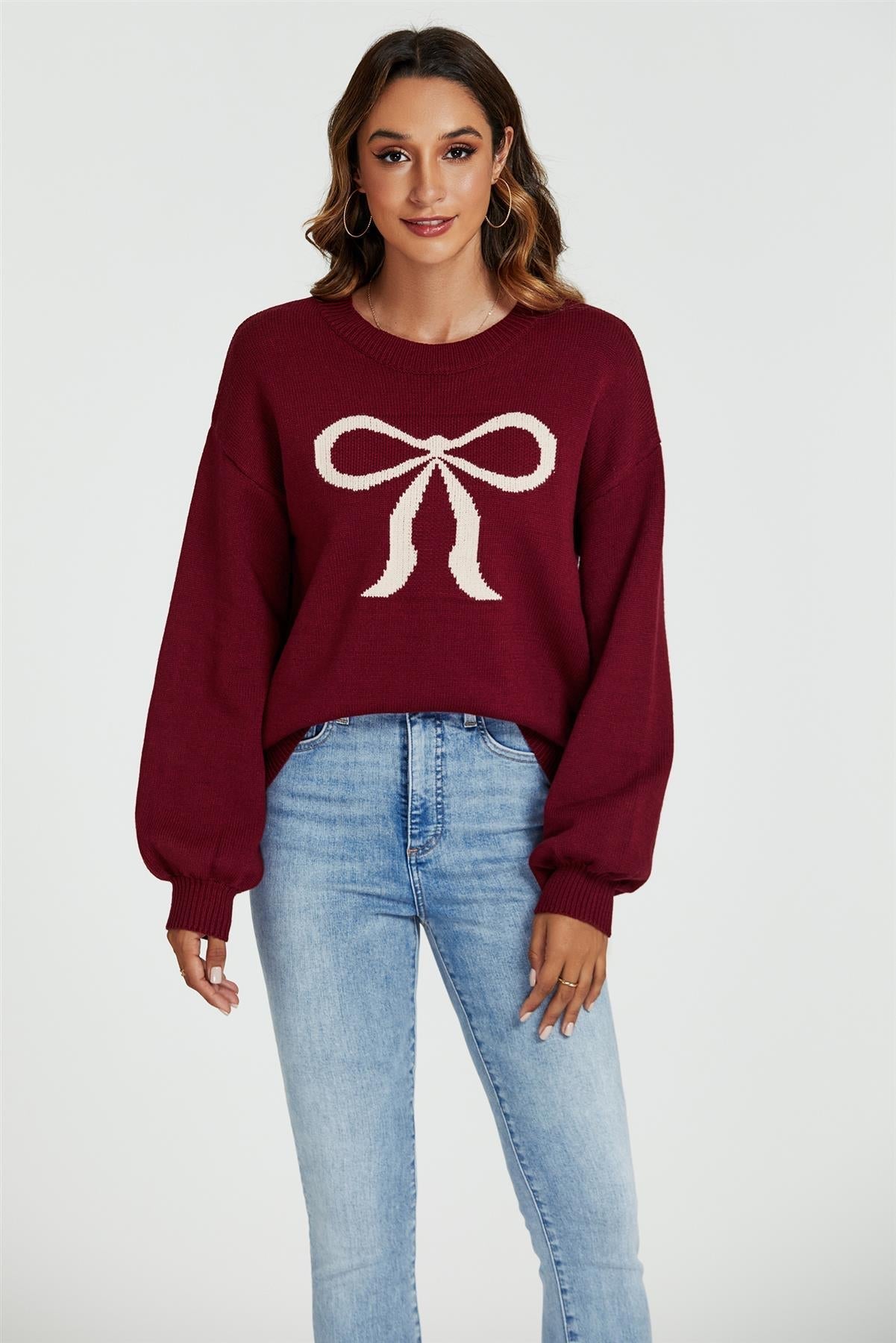 Bow Pattern Jumper Top In Wine - AXON