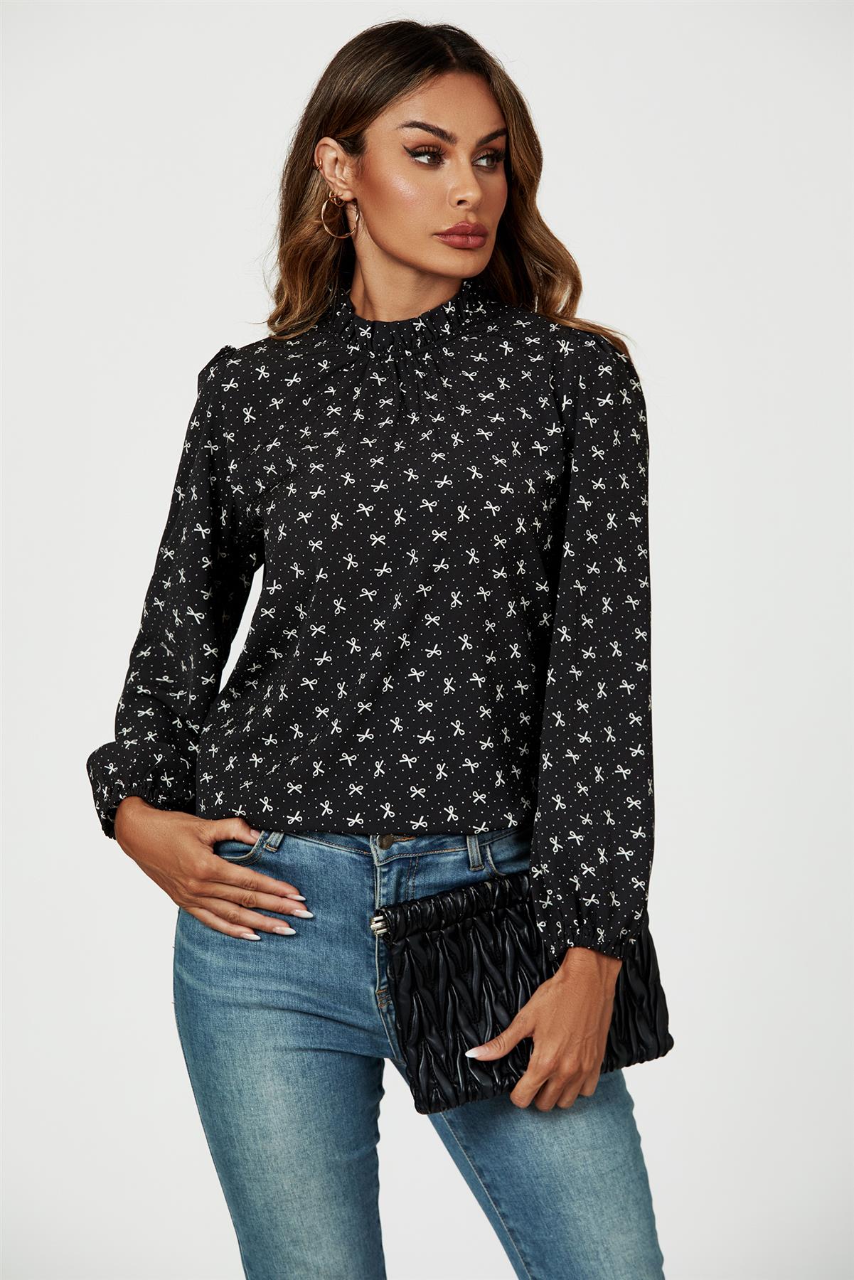 Bow Print Frill Detail High Neck Top In Black - AXON