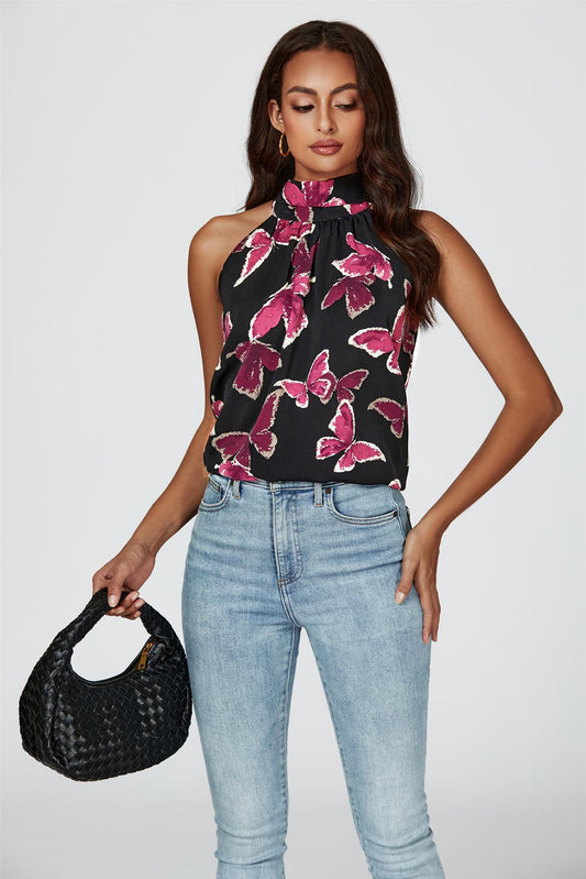 Butterfly Print Halter Neck Tie Back Top In Black - AXON