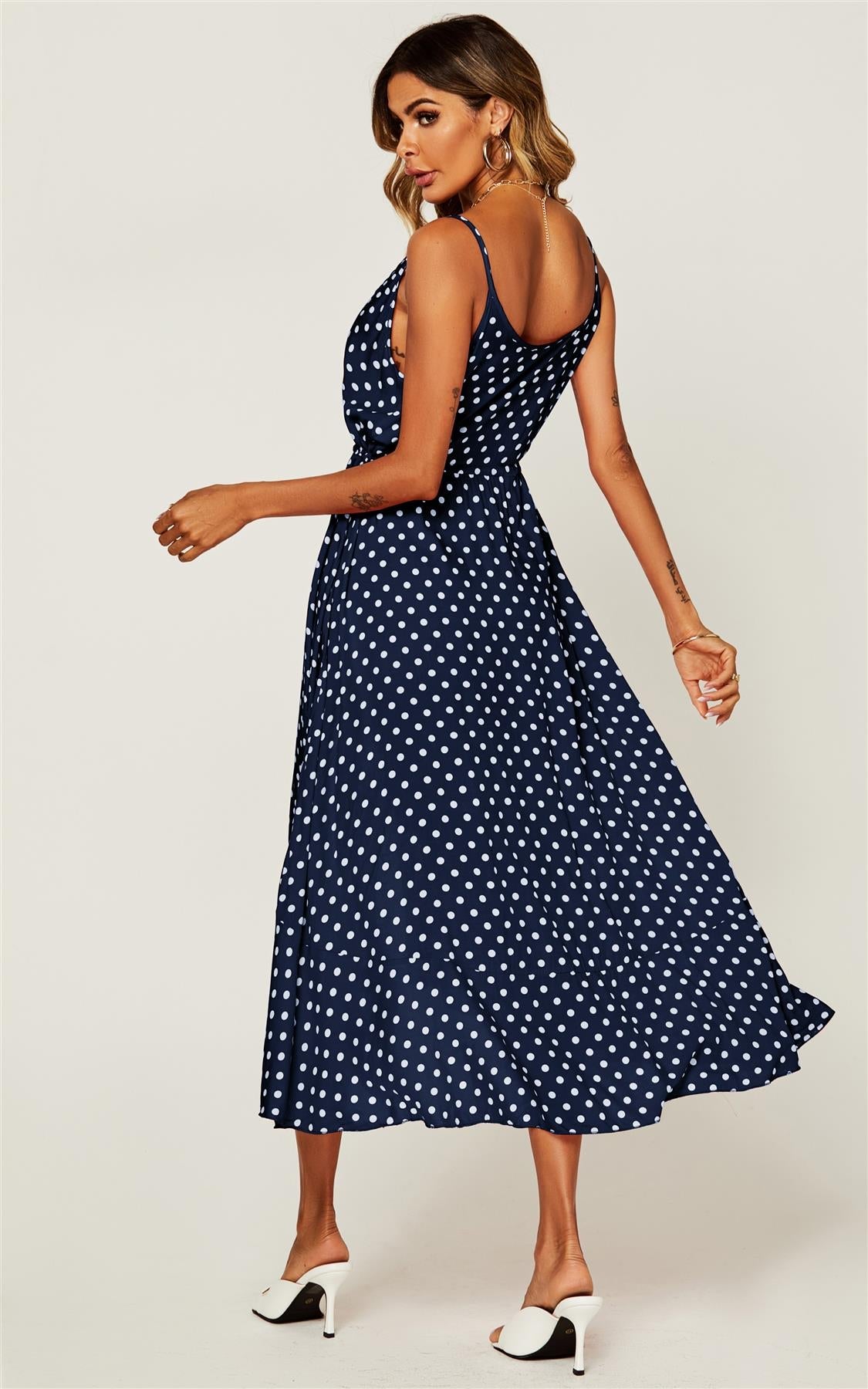 Button Down High Low Strappy Dress In Navy & White Polka Dot - AXON