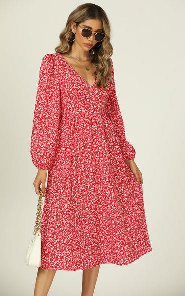 Button Down V Neck Long Sleeve Midi Dress In Red Floral Print - AXON