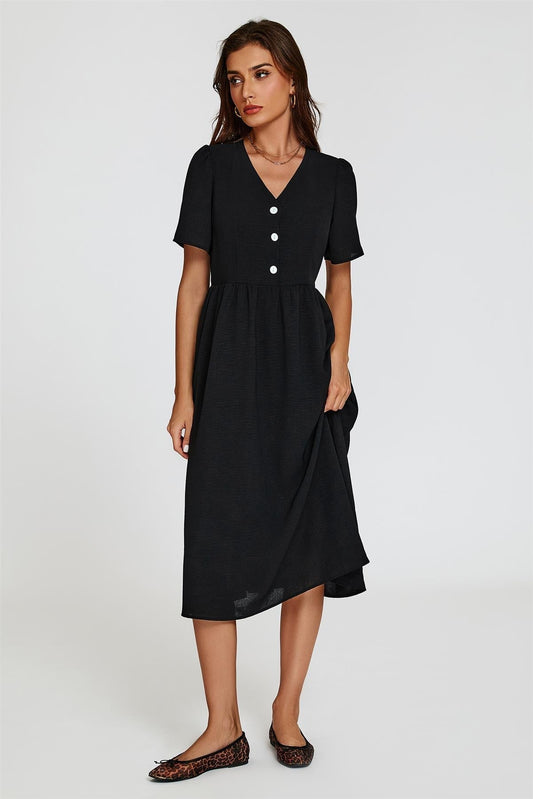 Button Front Midi Dress In Black - AXON