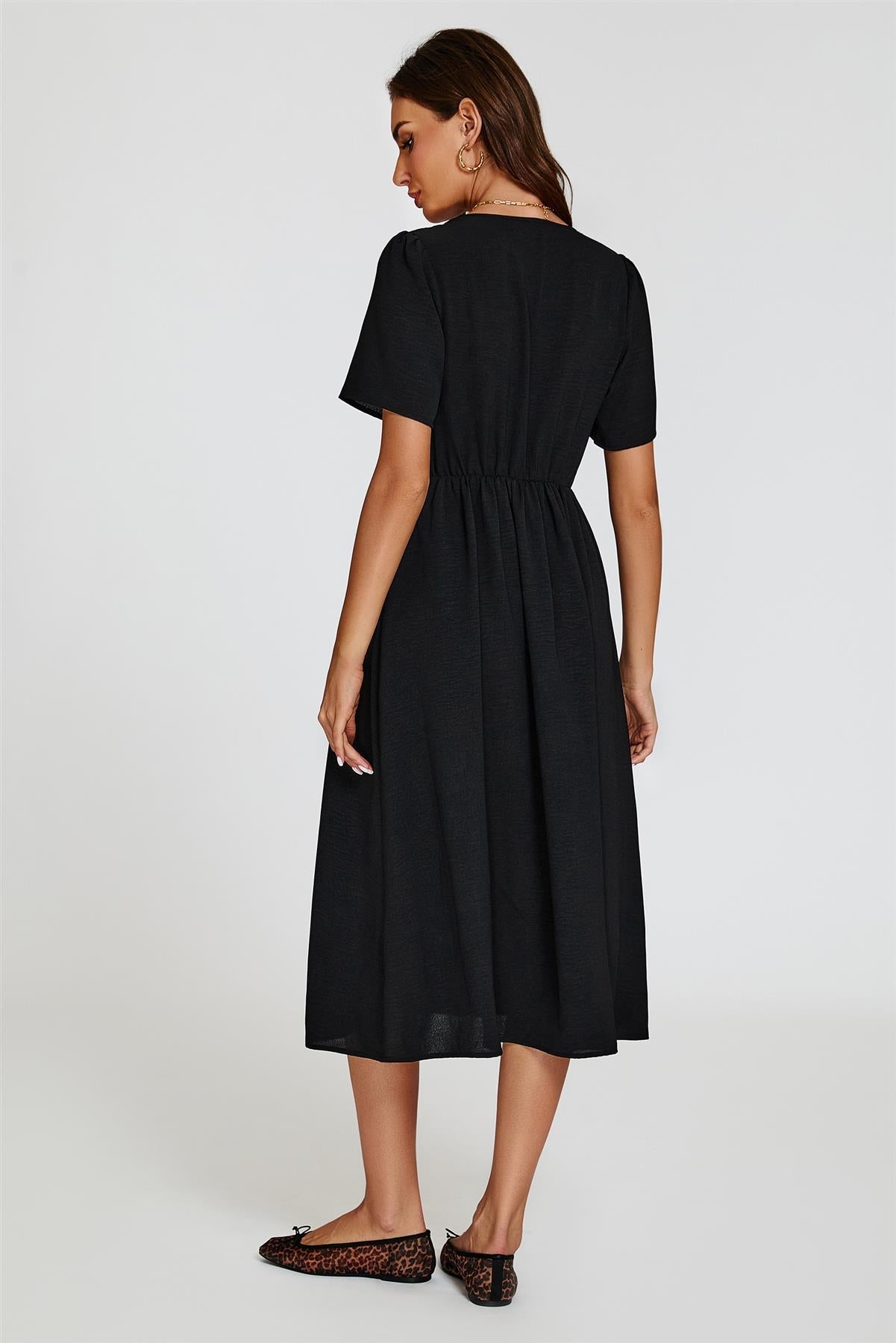 Button Front Midi Dress In Black - AXON
