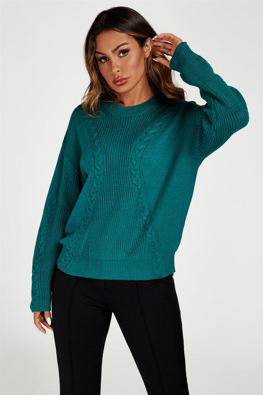 Cable Knit Crew Neck Jumper In Dark Green - AXON