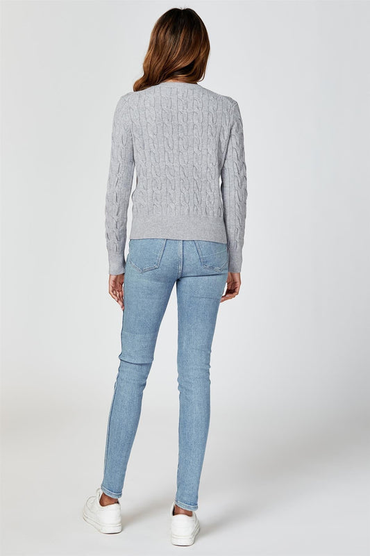Cable - Knit Crewneck Cardigan In Grey - AXON