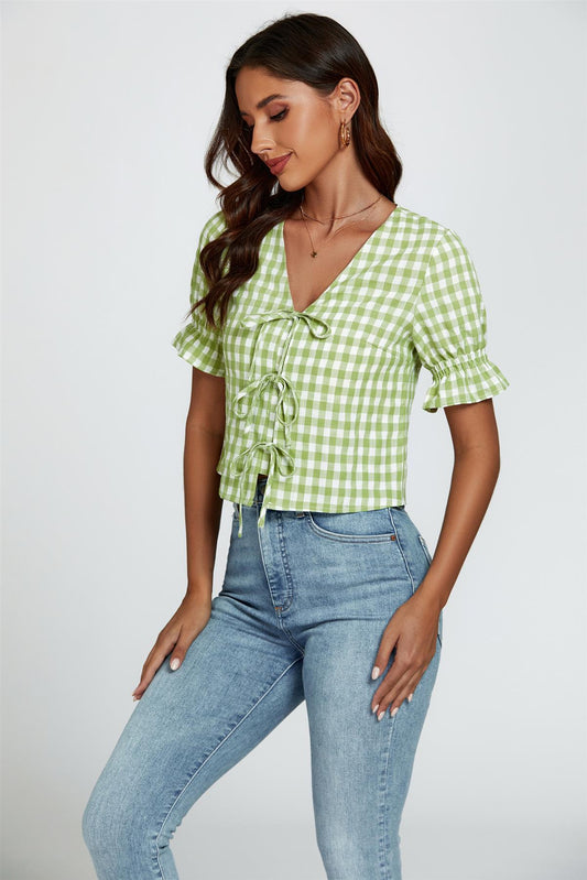Check Print Tie Front Top In Green - AXON