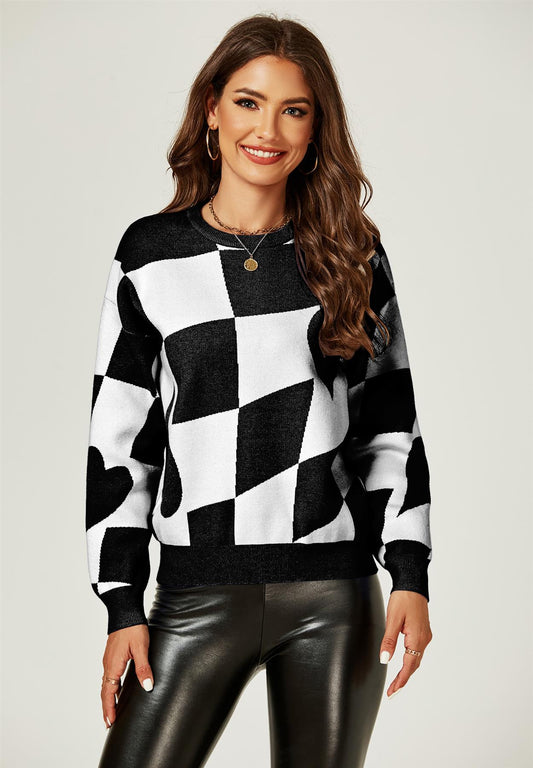 Comfy Geometric Pattern Jumper Top In Black & White - AXON