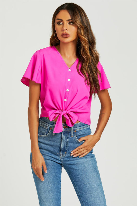 Cute Tie Knot Front Buttoned Crop T Shirt Top In Fuchsia Pink - AXON
