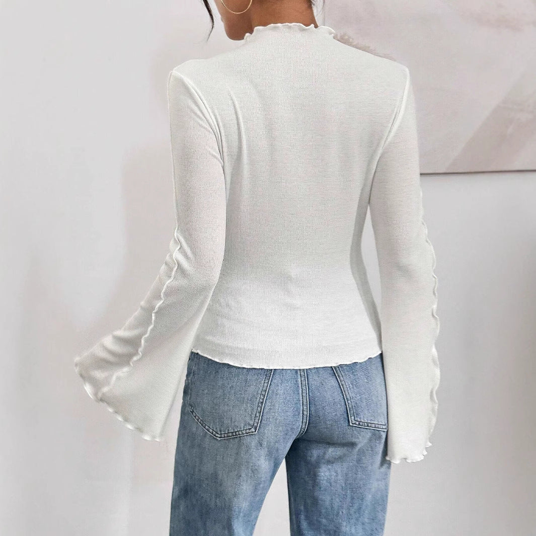 Fashion Beveled Bell Sleeve Slim Fit Inner Wear Ruffled Collar Bottoming Shirt