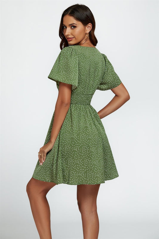 Dot Print Short Sleeve Mini Dress In Green - AXON
