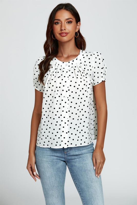 Dot Print Short Sleeves Top In White - AXON