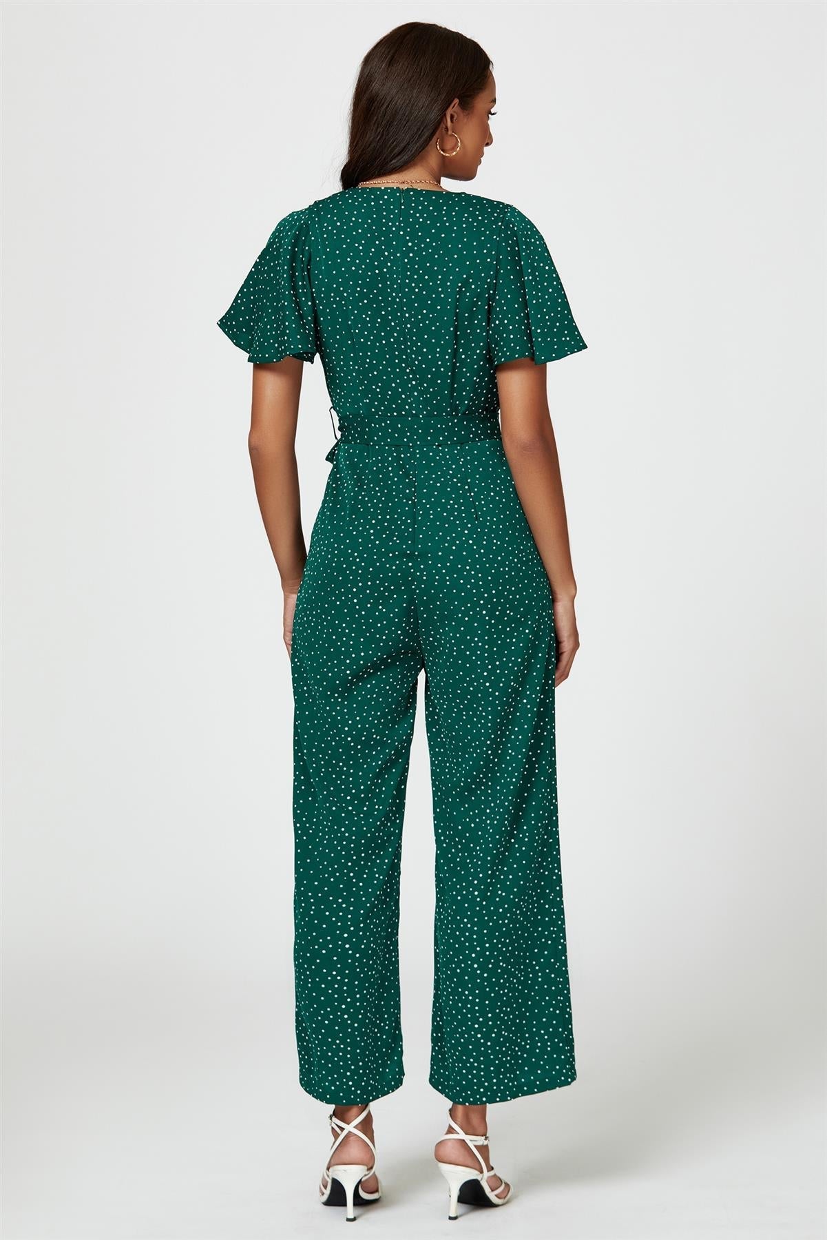 Dot Print Wrap Top Jumpsuit In Green - AXON