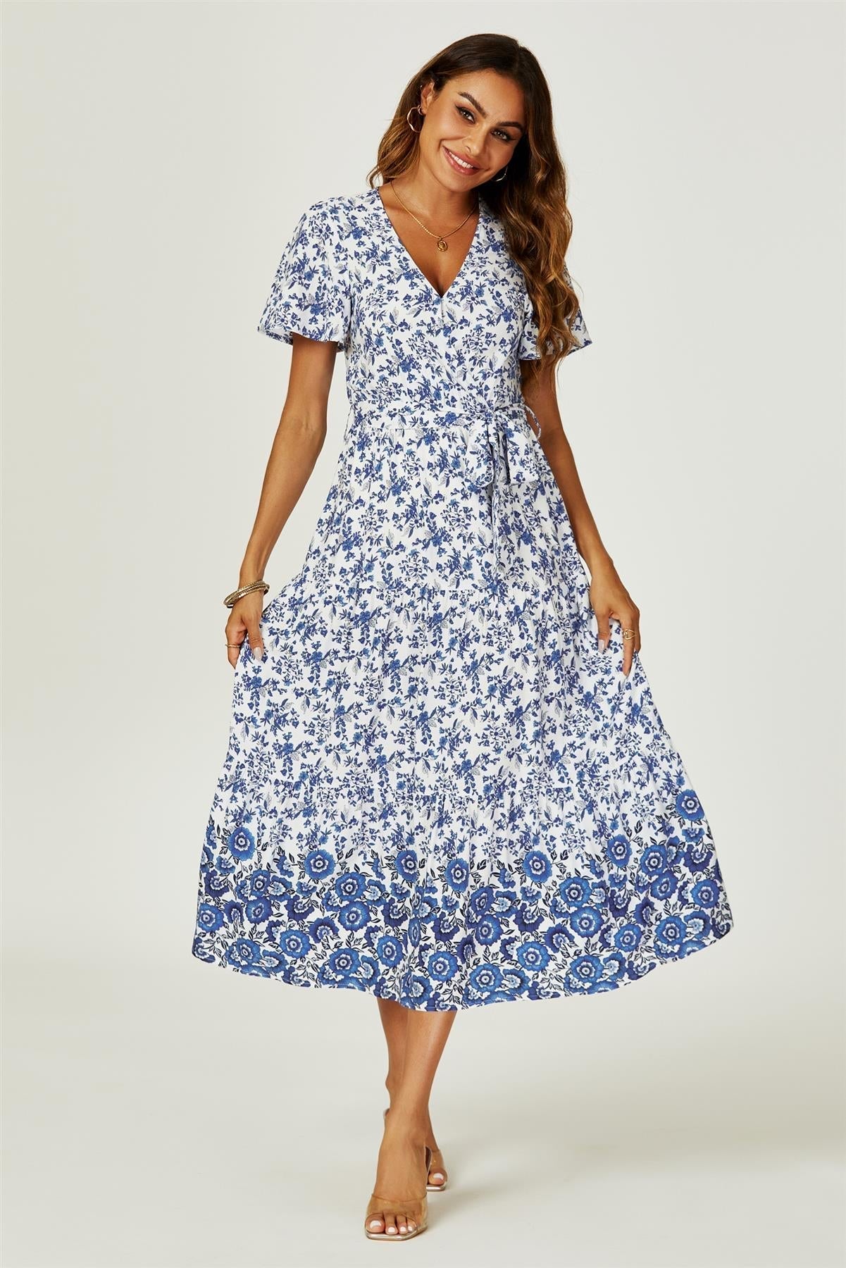 Floral Border Print Hem Tiered Midi Dress In White - AXON