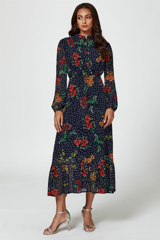 Floral Dot Print Maxi Dress In Navy - AXON