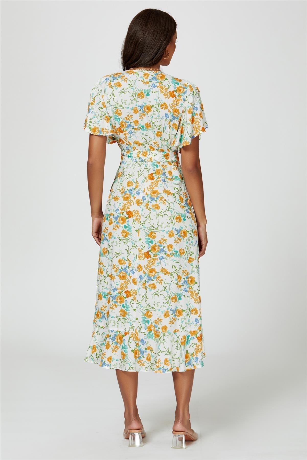 Floral Print Angel Sleeve Wrap Midi Dress In Yellow - AXON