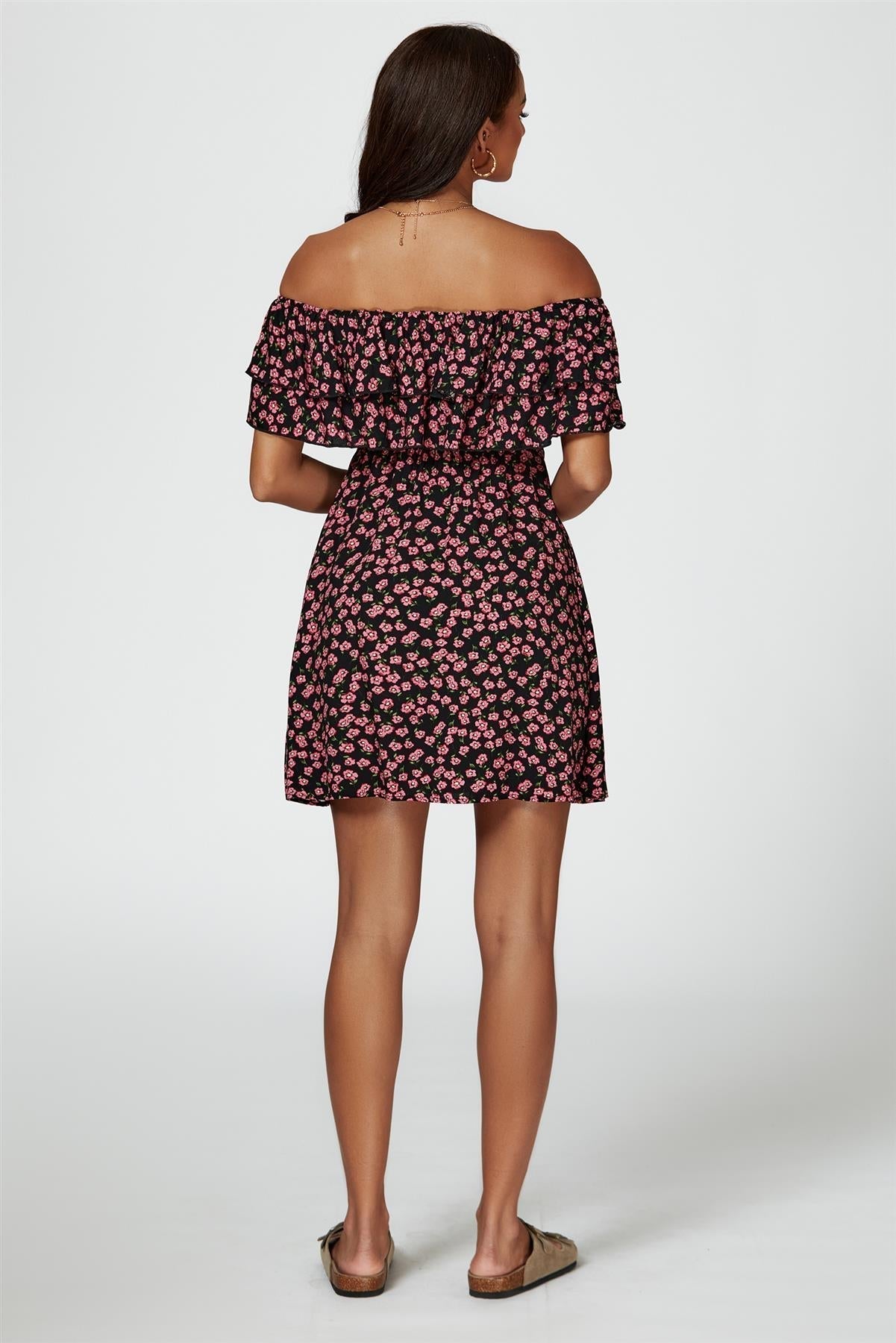 Floral Print Bardot Frill Mini Dress In Black - AXON