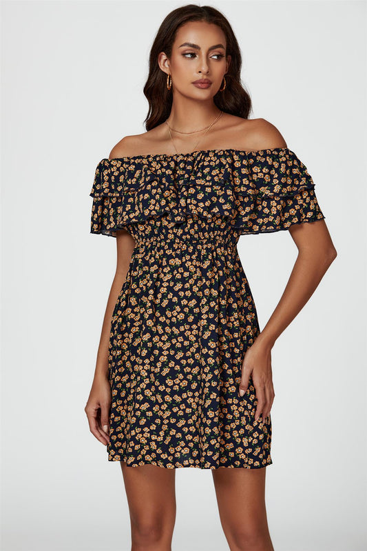 Floral Print Bardot Frill Mini Dress In Navy - AXON