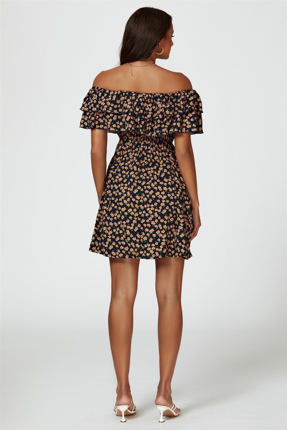 Floral Print Bardot Frill Mini Dress In Navy - AXON
