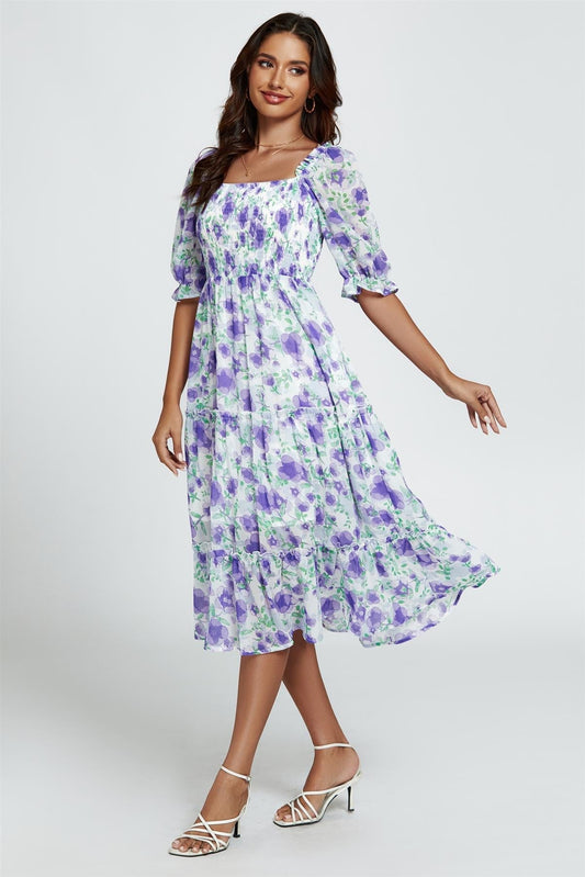 Floral Print Bardot Puff Sleeve Elasticated Detail Midi Dress In White - AXON