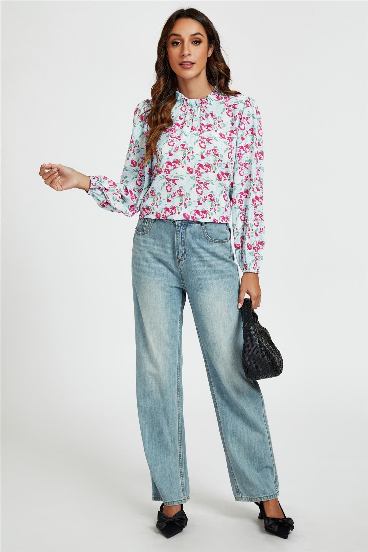 Floral Print Frill Detail High Neck Top In Blue & Pink - AXON
