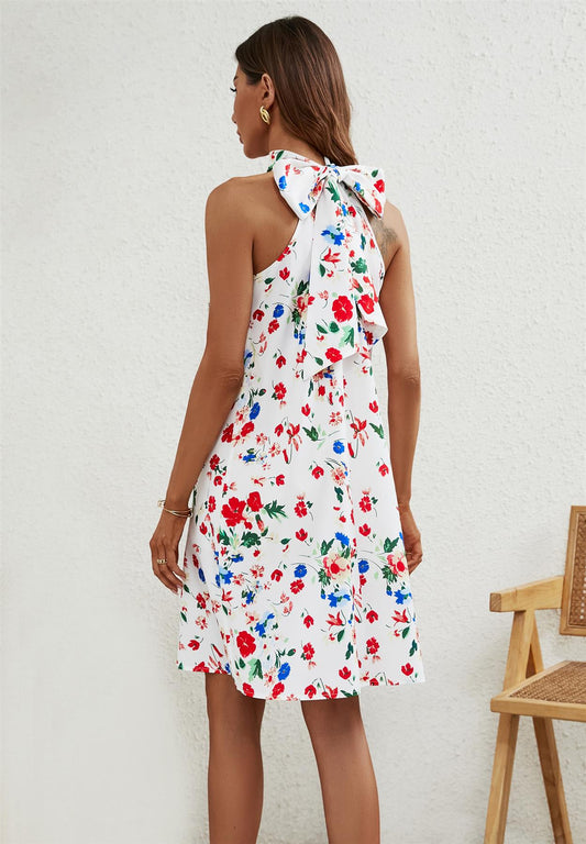 Floral Print Halter Neck Tie Back Mini Dress In White - AXON