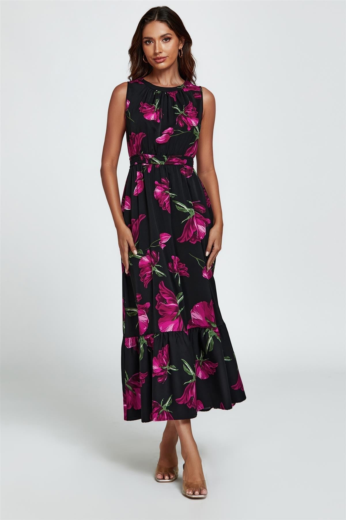 Floral Print Halterneck Maxi Dress In Black - AXON