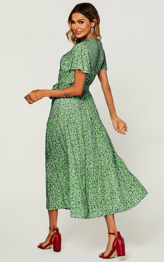 Floral Print Hem Tiered Wrap Midi Dress In Green - AXON