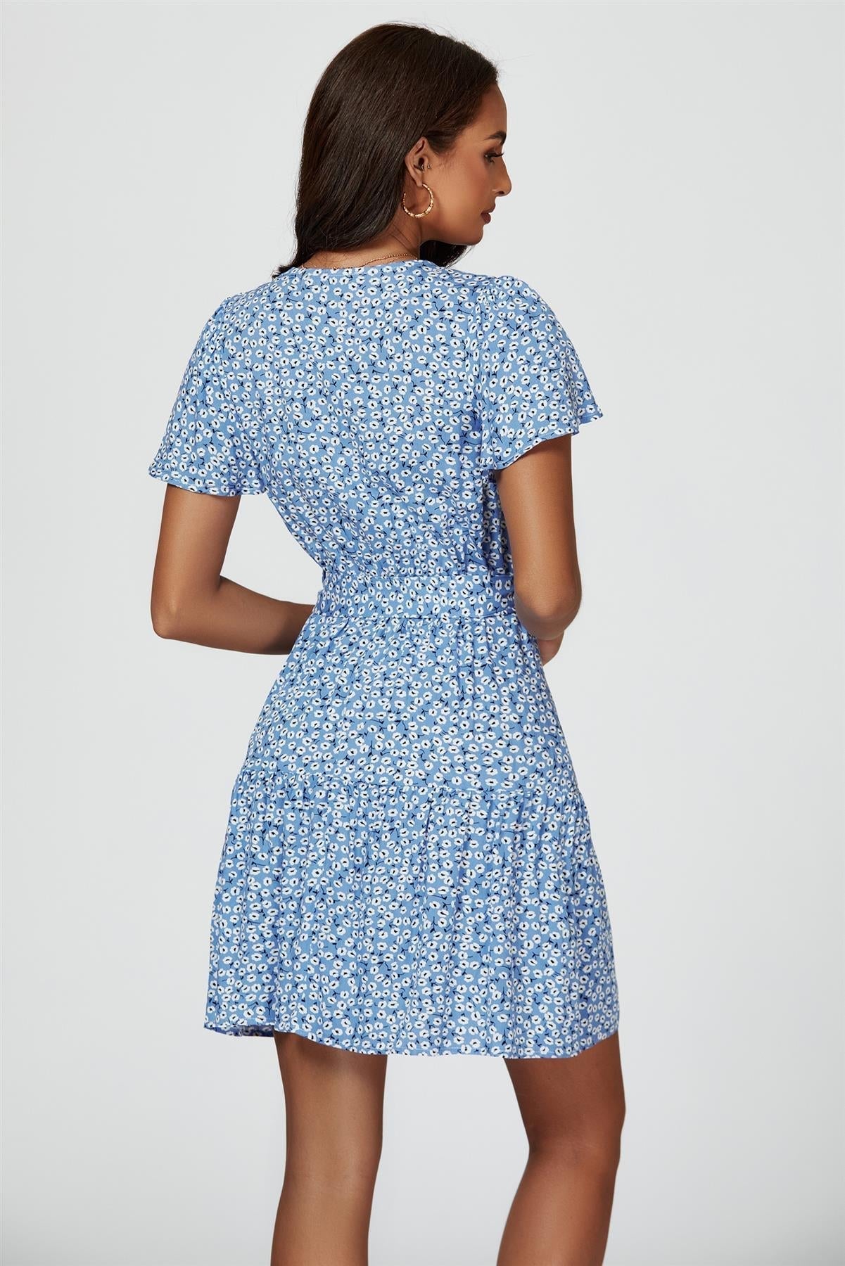 Floral Print Hem Tiered Wrap Mini Dress In Blue - AXON