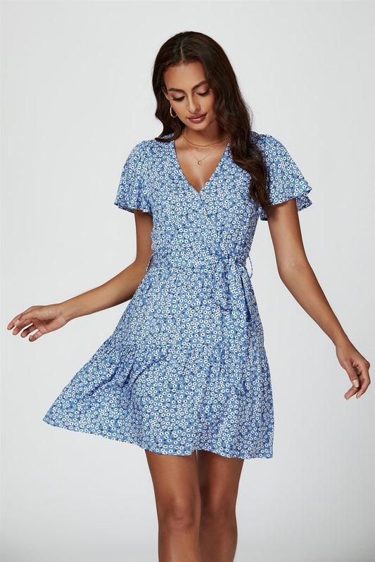 Floral Print Hem Tiered Wrap Mini Dress In Blue - AXON