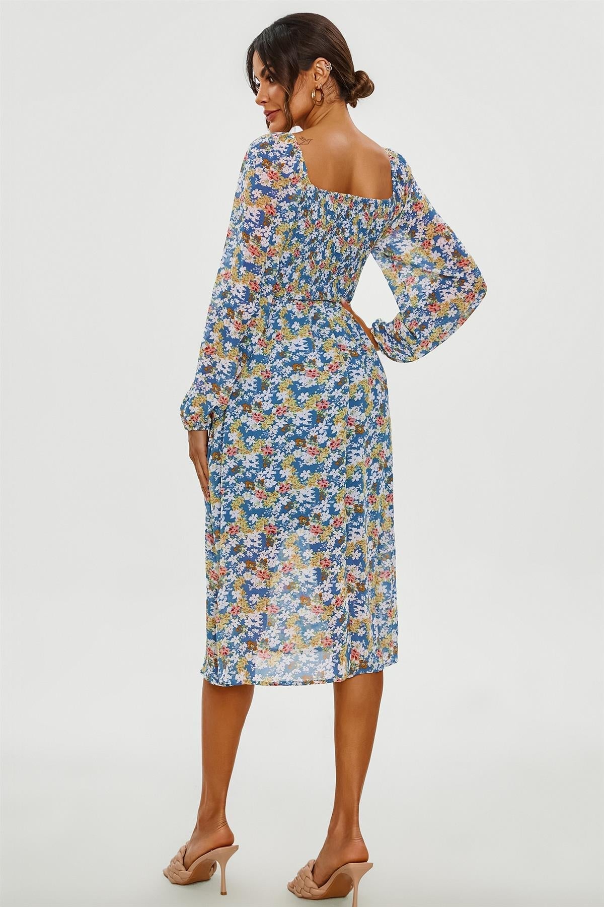 Floral Print Long Sleeve Maxi Dress In Blue - AXON