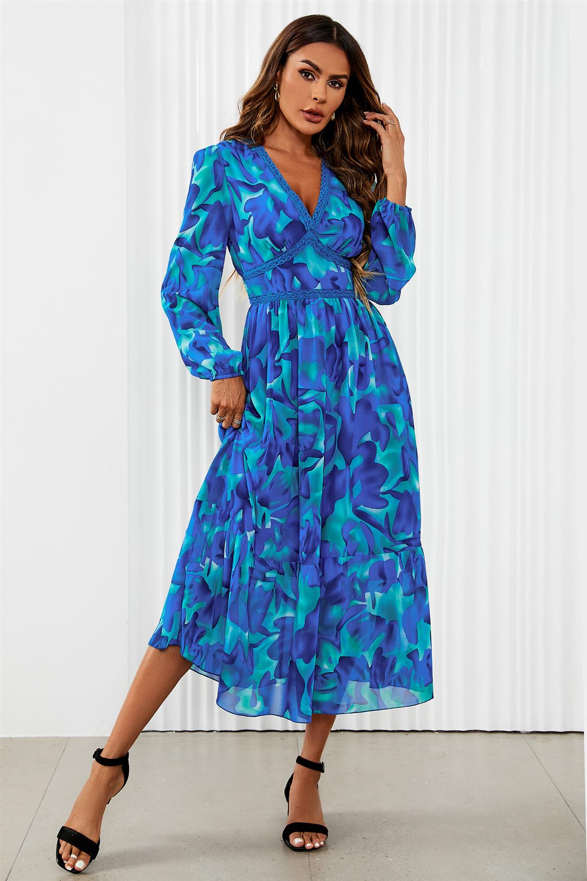 Floral Print Long Sleeve Maxi Dress In Blue - AXON