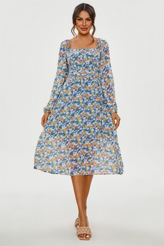 Floral Print Long Sleeve Maxi Dress In Blue - AXON