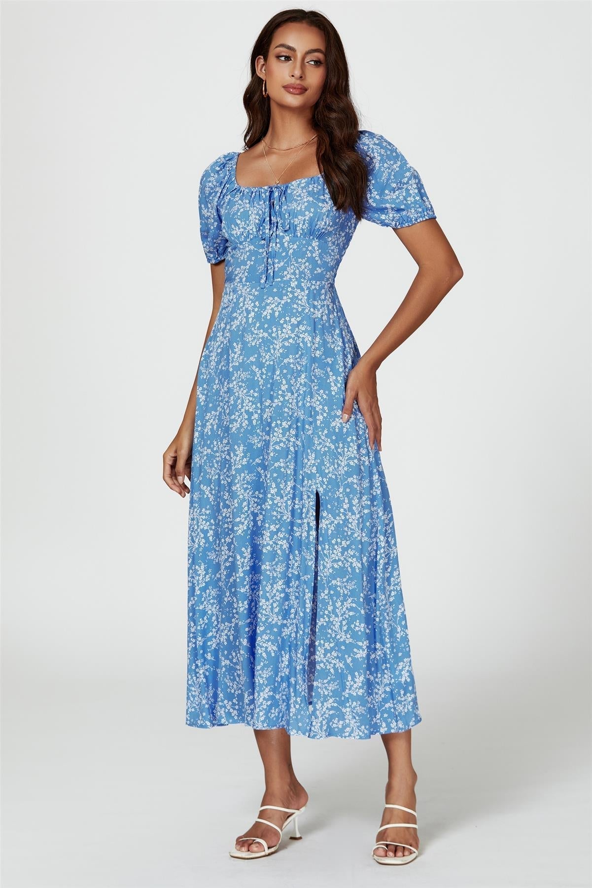 Floral Print Maxi Dress In Blue - AXON