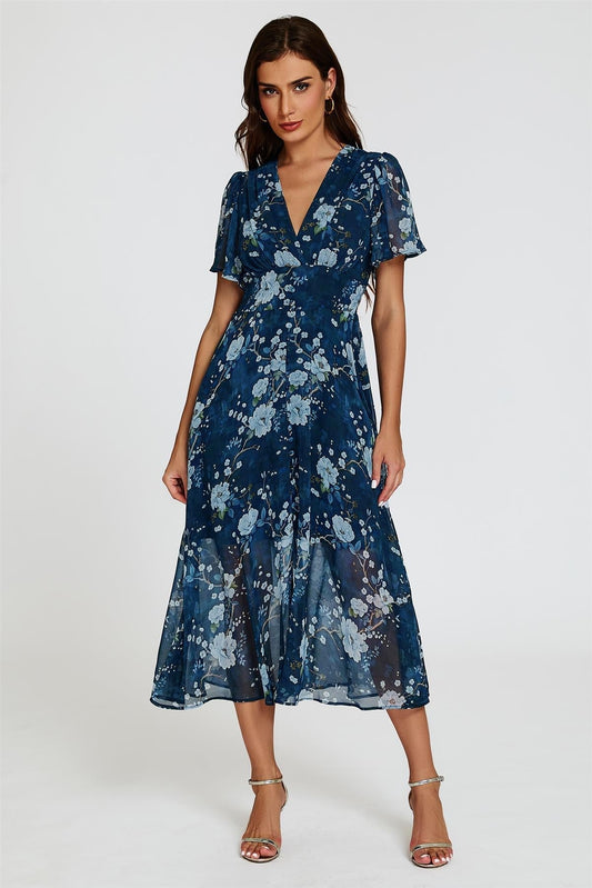 Floral Print Midi V neckline Dress In Navy - AXON