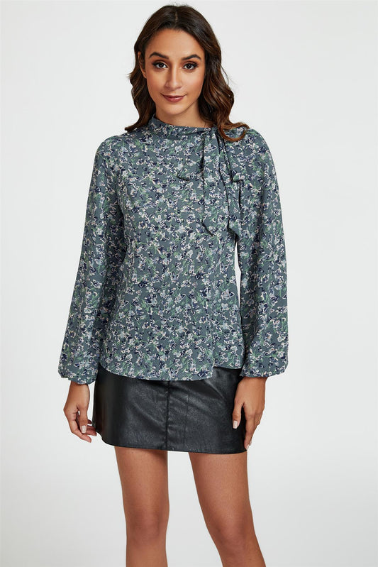 Floral Print Side Tie Blouse Top In Blue - AXON