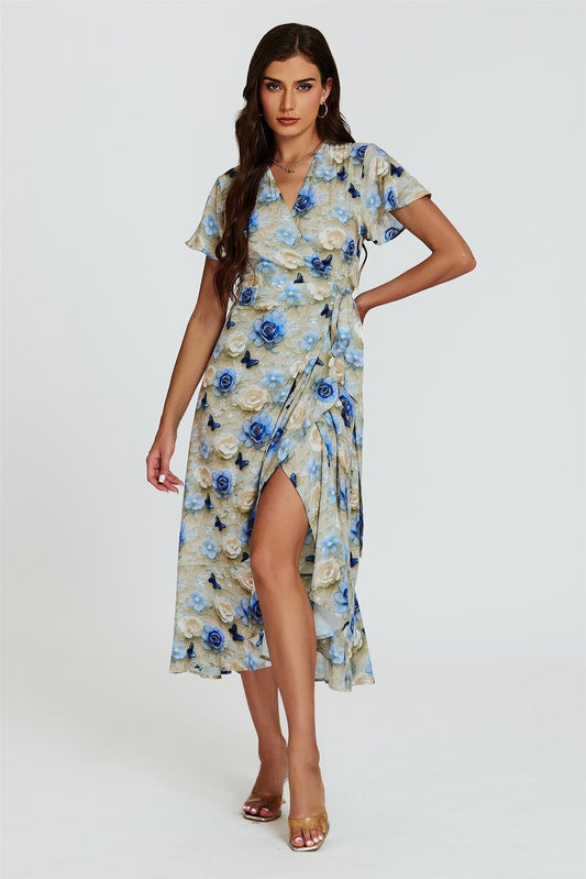 Floral Print Wrap Hem Midi Dress In Beige - AXON