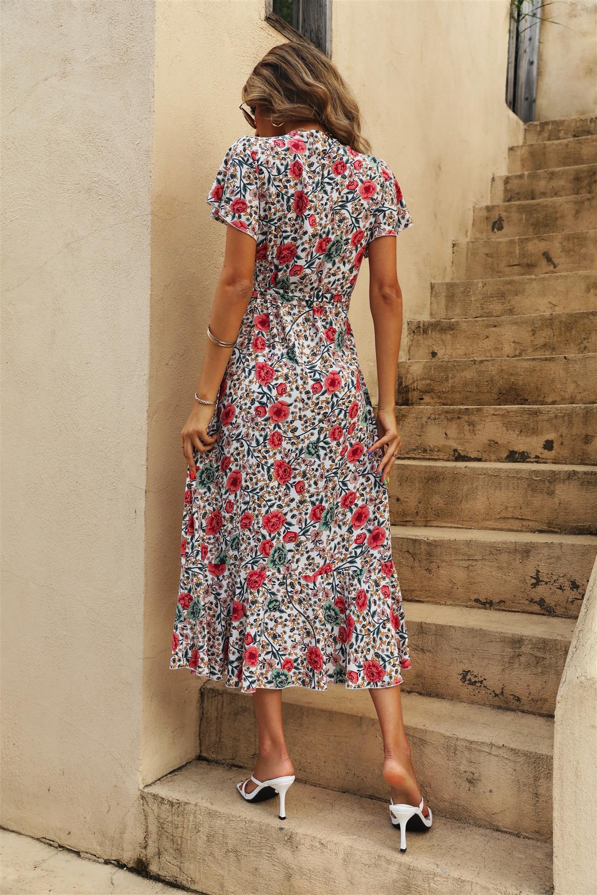 Floral Print Wrap Hem Midi Dress In White - AXON